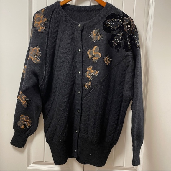 Vintage Made in Italy Wool Cardigan with Animal Print Accents Black - Picture 2 of 16